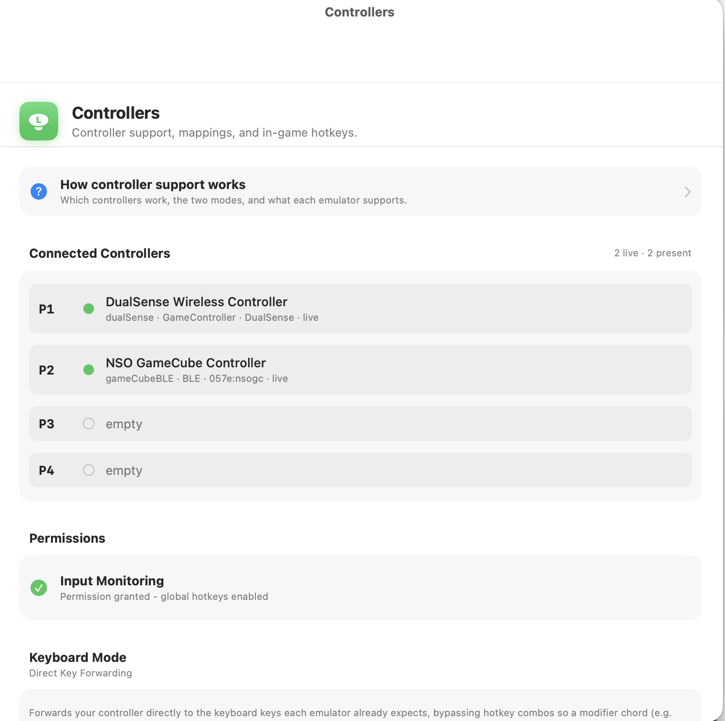 The live Connected Controllers monitor in Settings → Controllers