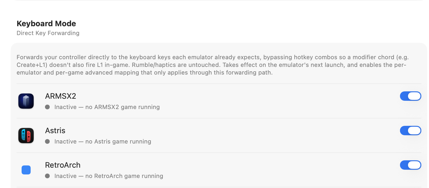 Settings → Controllers → Keyboard Mode per-emulator toggles