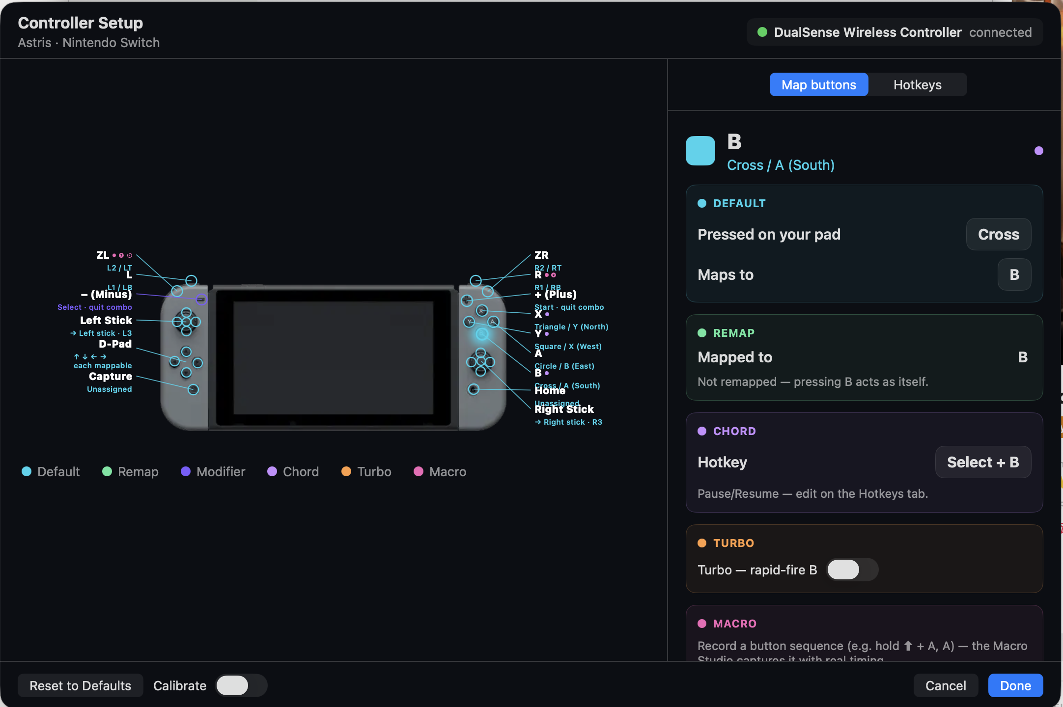 The visual Controller Setup / Configure screen for Astris (Switch), Map buttons tab
